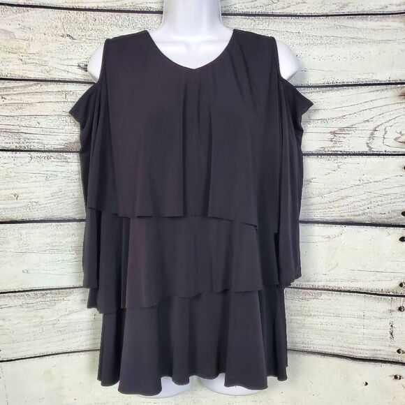 Susan Graver Black Cold Shoulder Tiered Ruffle Tunic Top Size M - Picture 1 of 6